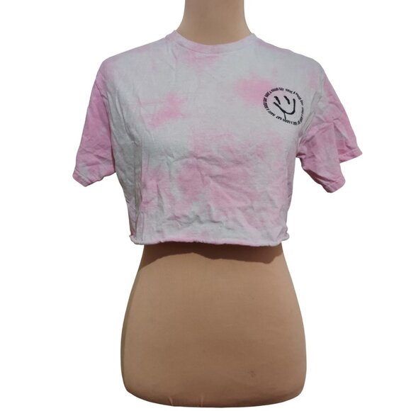 Upcycled Womens Crop Top Have A Good Day Smiley Face Tie Dye Pink White sz M - Picture 1 of 6